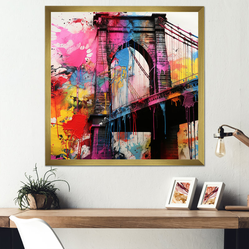 Jaune et rose, pont de Pittsburgh - art mural Pittsburgh, H 36 po x l 36 po x P 1,5 po, Encadrement doré
