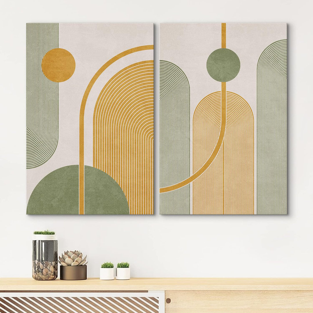 Mid Century Modern Boho Vintage Yellow Green Polygons Abstract Shapes Digital Art  Art  Calm/Zen On Canvas 2 Pieces Print IDEA4WALL 
