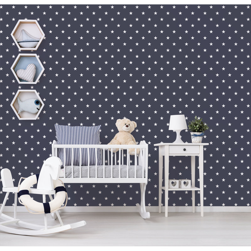 Deauville 2 Geometric Star Design 33' L x 21" W Wallpaper Roll, Navy Blue/White