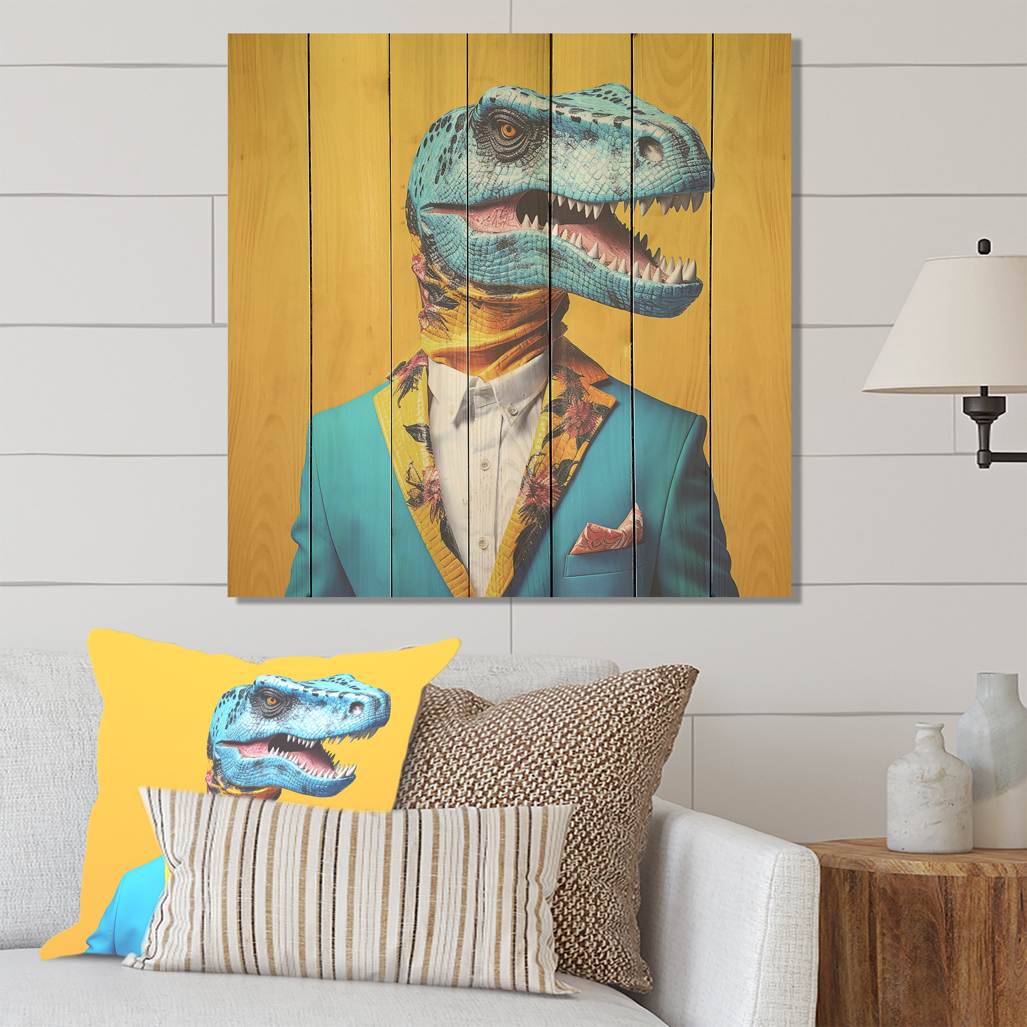 Trinx Blue And Yellow Fashion Dinosaur In Suit - Dinosaur On Wood Print ...