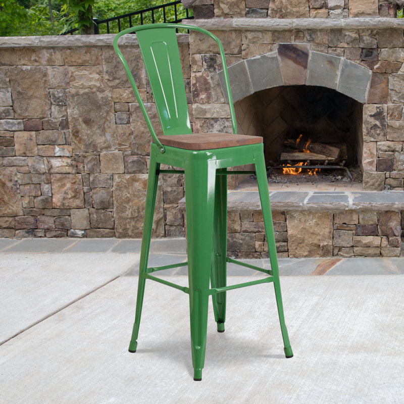 Tabouret de bar ou de comptoir en métal Marian avec dossier et siège en bois Marian, Vert, 1