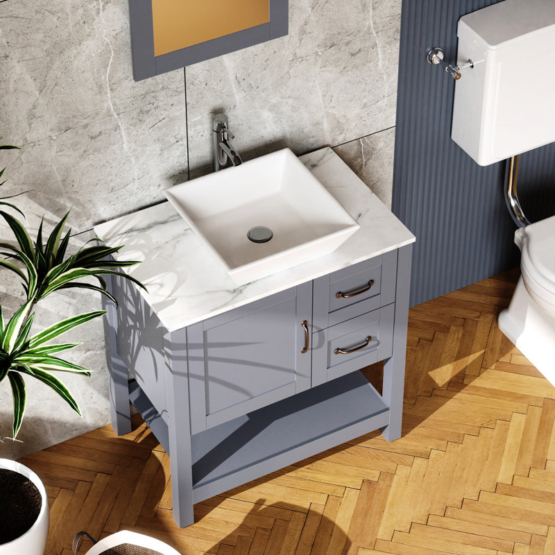 Meuble-lavabo de 30 po avec dessus en marbre Scratch - Facile à nettoyer, s'adapte à toutes les salles de bain avec poignée en bronze
