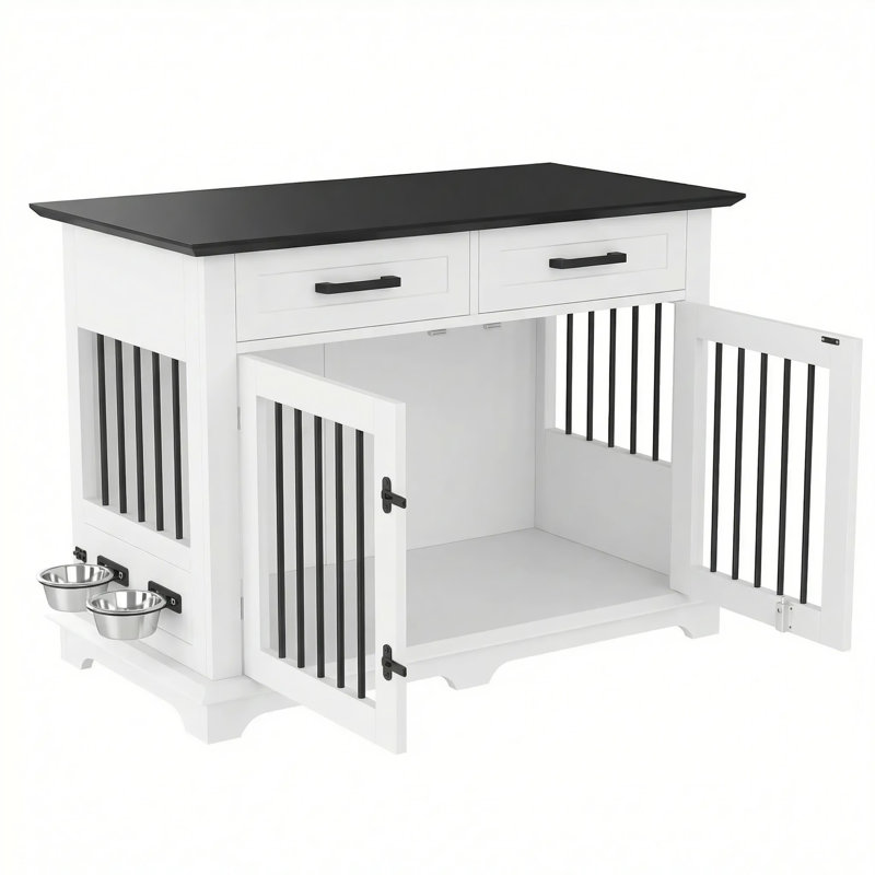 Mobilier pour cage de chien avec tiroirs de rangement et bols rotatifs
