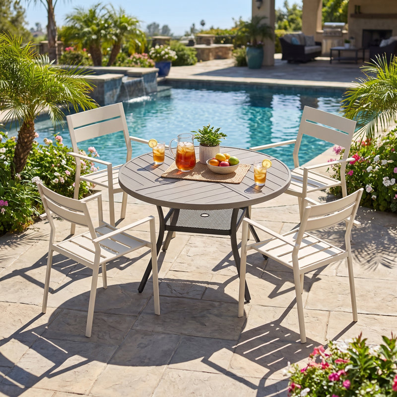 4-Person Round Patio Dining Set with Metal Dining Table and 4 Stackable Metal Armrest Chairs, Brush Wood Gray/Cream