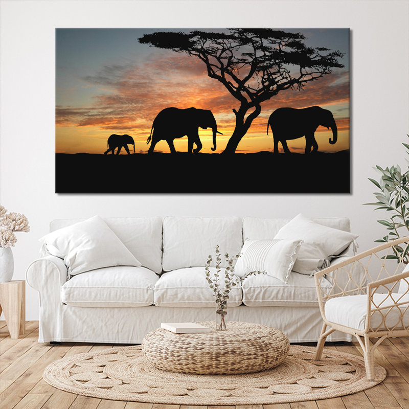 Elephants In Sunset - Wrapped Canvas Print, 31cm H x 51cm W x 2cm D