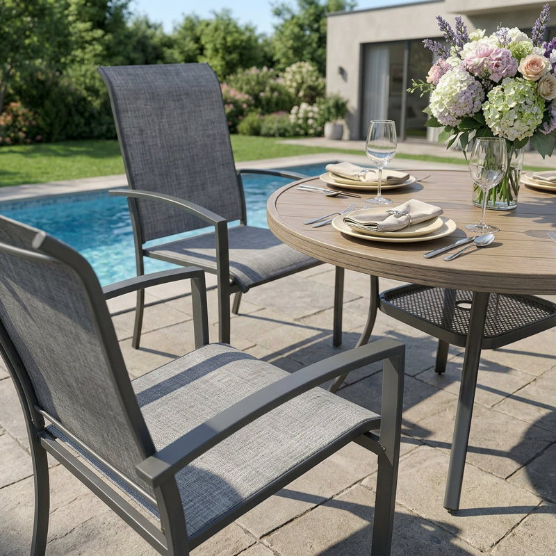 Ensemble de salle à manger de patio 4 personnes avec chaises empilables Textilene, Bois brossé gris / gris
