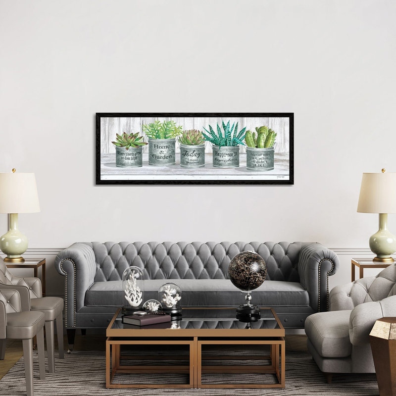 Galvanized Pot Succulents II by Cindy Jacobs - Panoramic Painting on Canvas, 152.4 cm H x 50.8 cm W, Black Floater Frame