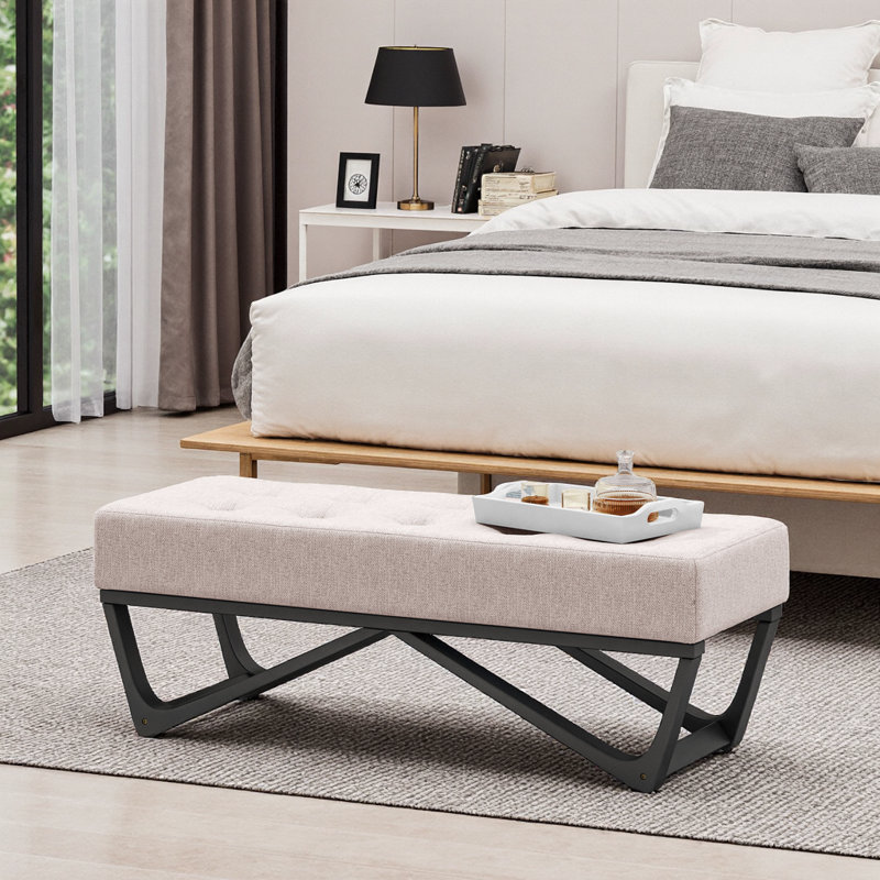 Navy Blue Upholstered Ottoman Bench - Modern Tufted Footrest with Geometric Legs, Beige