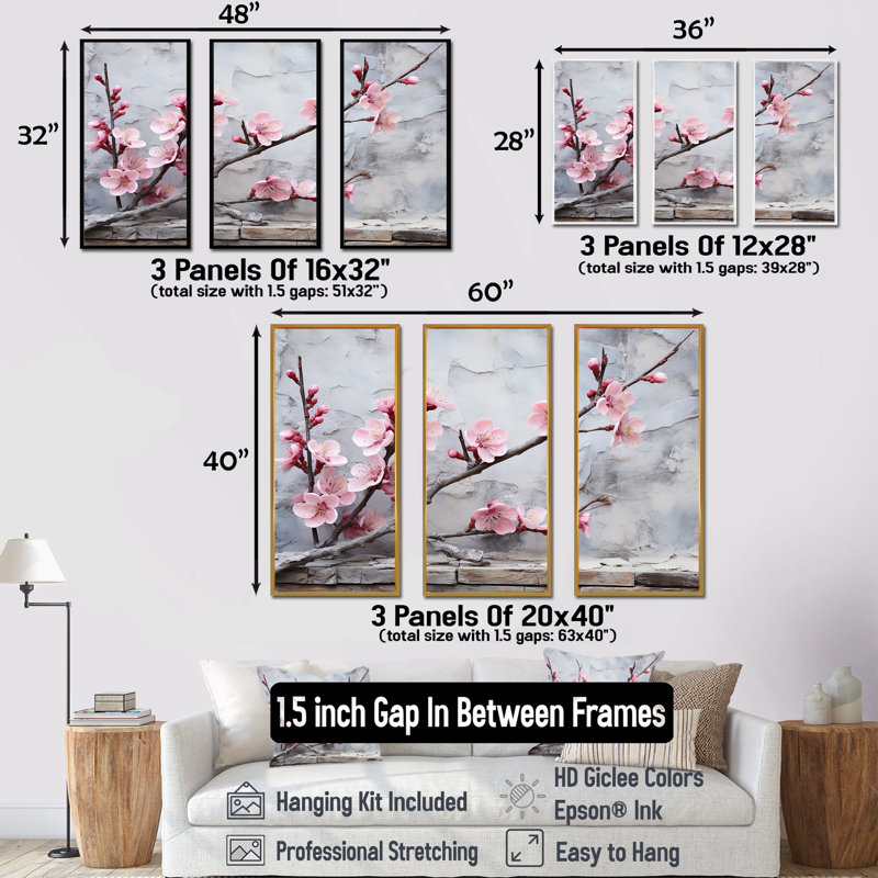 Fleurs de cerisier rose fin de l'hiver - art mural cerisier en fleurs, H 40 po x l 60 po, Cadre flottant doré