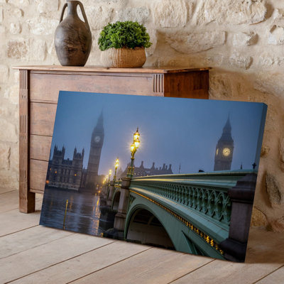 Canvas A Misty Evening Scene In London Showcasing The Iconic Big Wall Art Ben Clock Tower In The Background Partially Obscured By Fog Canvas Wall Art