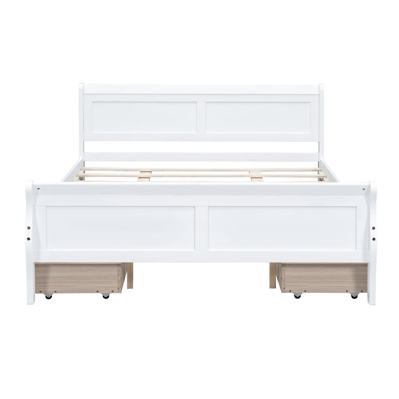 Lit plateforme avec rangement en bois massif Sebbie, Blanc, Queen
