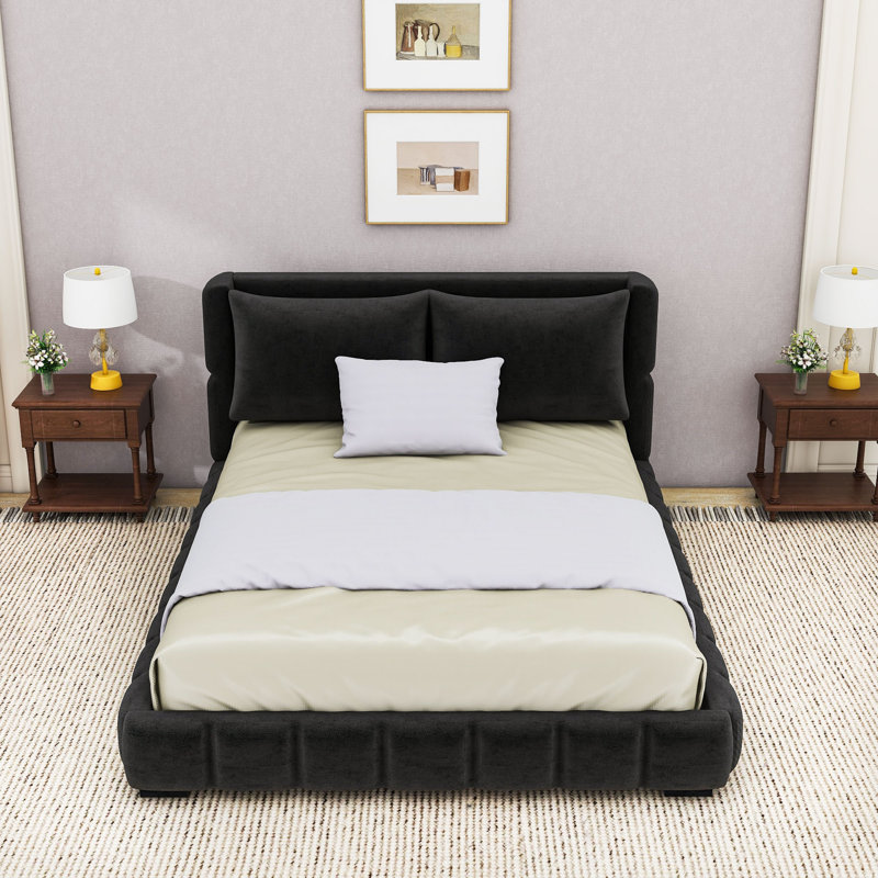 Lit plateforme tapissier avec 2 coussins, Noir, Grand lit