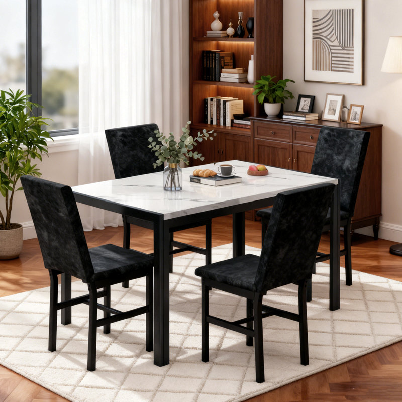 Dining Table Set For 4, 5 Piece Modern Kitchen Table And Chairs Set Of 4, Faux Marble Dinner Table With 4 Velvet Upholstered Chairs, Dining Room Table Set For Small Space, Living Room, Breakfast Nook