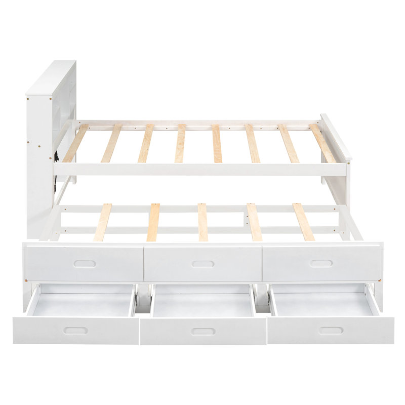 Lit plateforme simple avec tête de lit, USB, lit gigogne simple et 3 tiroirs, Blanc