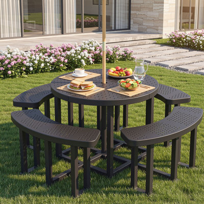  Ensemble repas de patio 38 po rond en métal avec trou pour parasol