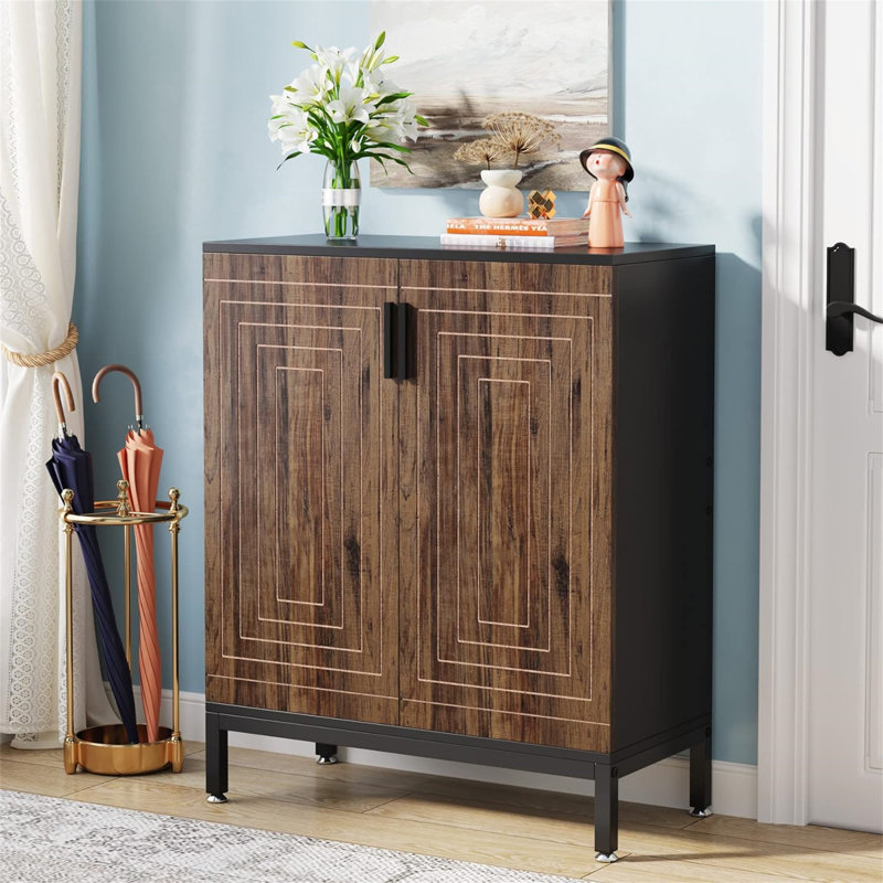 Armoire à chaussures 31,5 pouces en bois brun et noir avec portes, Brun / Noir