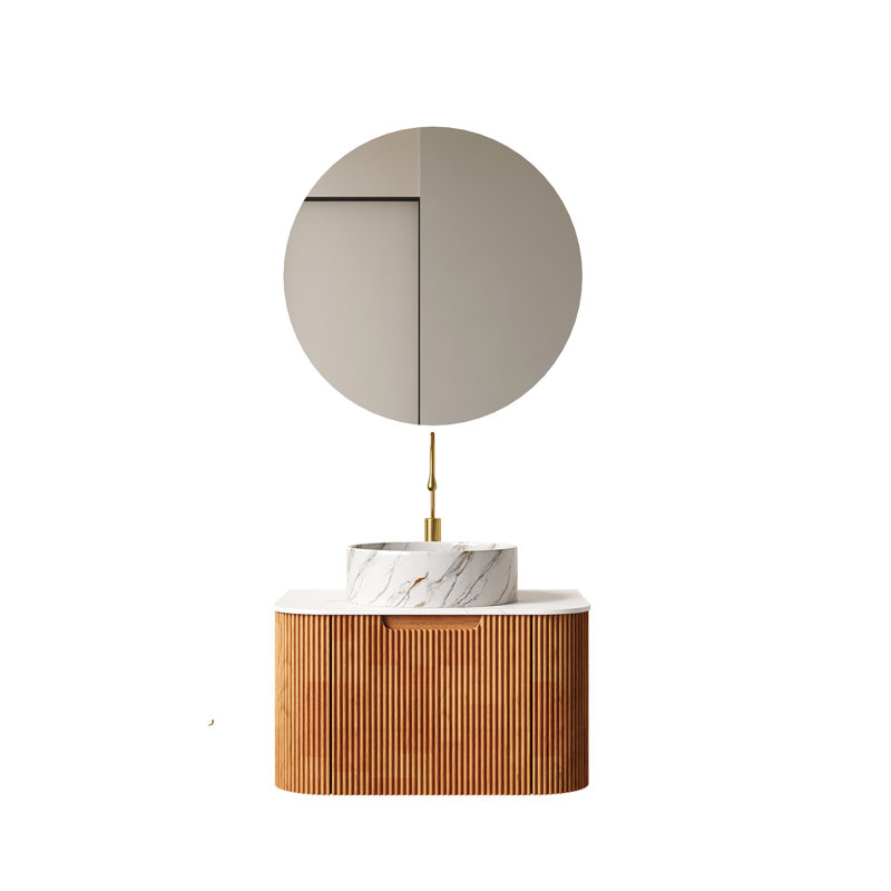 Meuble-lavabo de 24 po: unité pré-assemblée avec marbre artificiel blanc, lavabo rond en céramique et meuble-lavabo à tiroir à fermeture en douceur: armoire à rayures en grain de bois naturel 3D, comptoir en pierre frittée