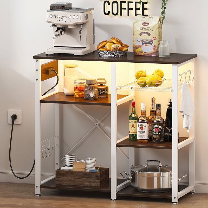 35.4" Iron Kitchen Baker's Rack with US Outlet & Bluetooth LED Light, Microwave Compatible