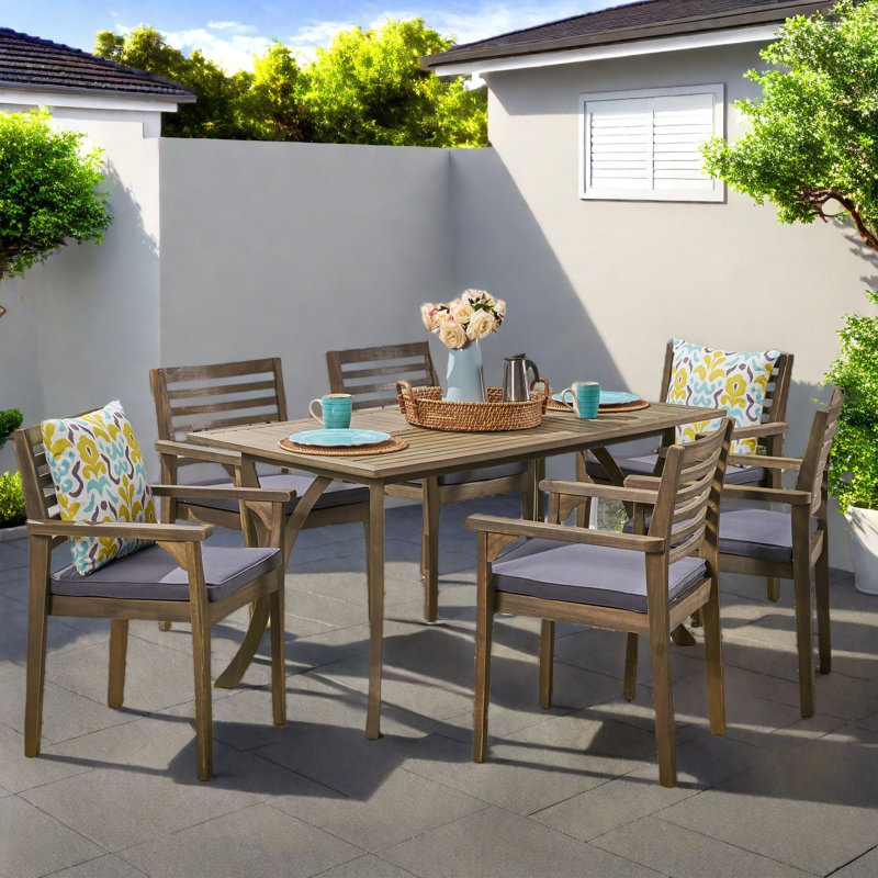 Tinnin 7-Piece Rectangular Acacia Dining Set with Cushions, Gray