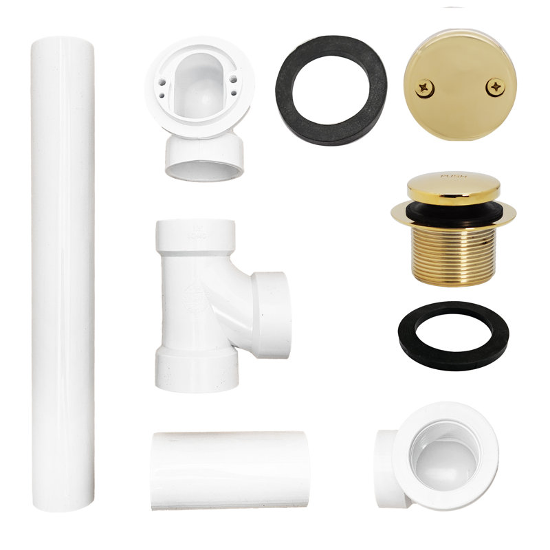 1 1-1 / 2 po x 12 po Ensemble de drain de baignoire 40 pieds en PVC avec trop-plein à deux trous, Laiton poli