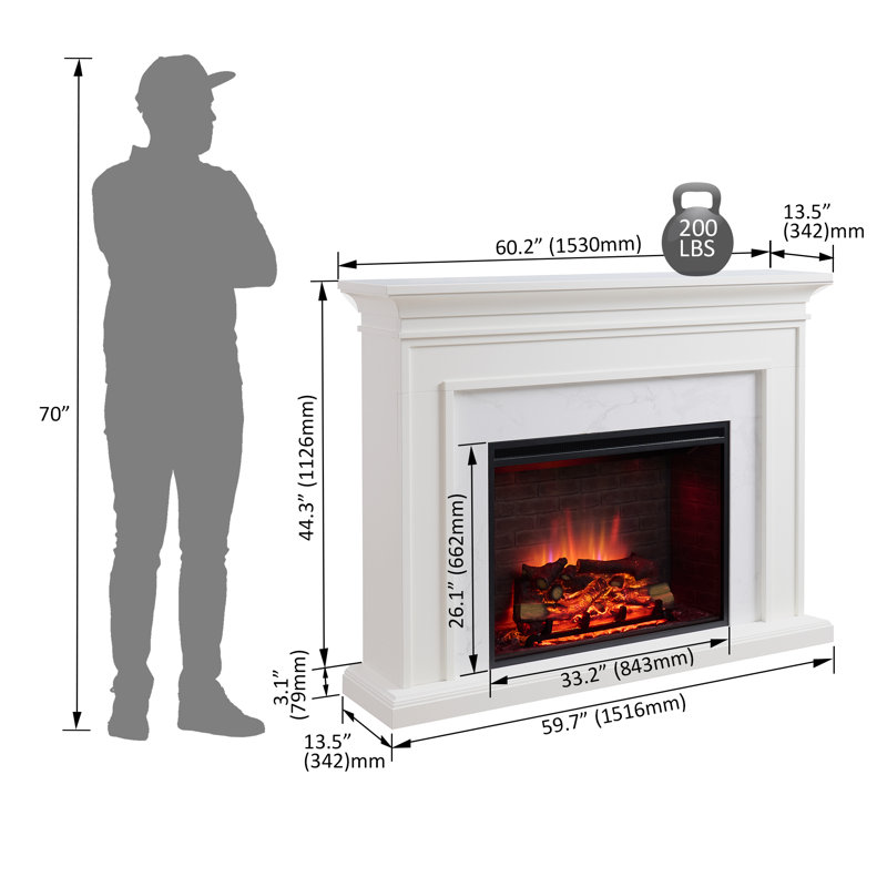 Foyer électrique encastrable 33 po avec cadre de cheminée 60 po Puraflame, blanc crème avec placage de marbre gris clair, 750 W / 1 500 W, flamme réglable, bruit de craquement du feu, télécommande