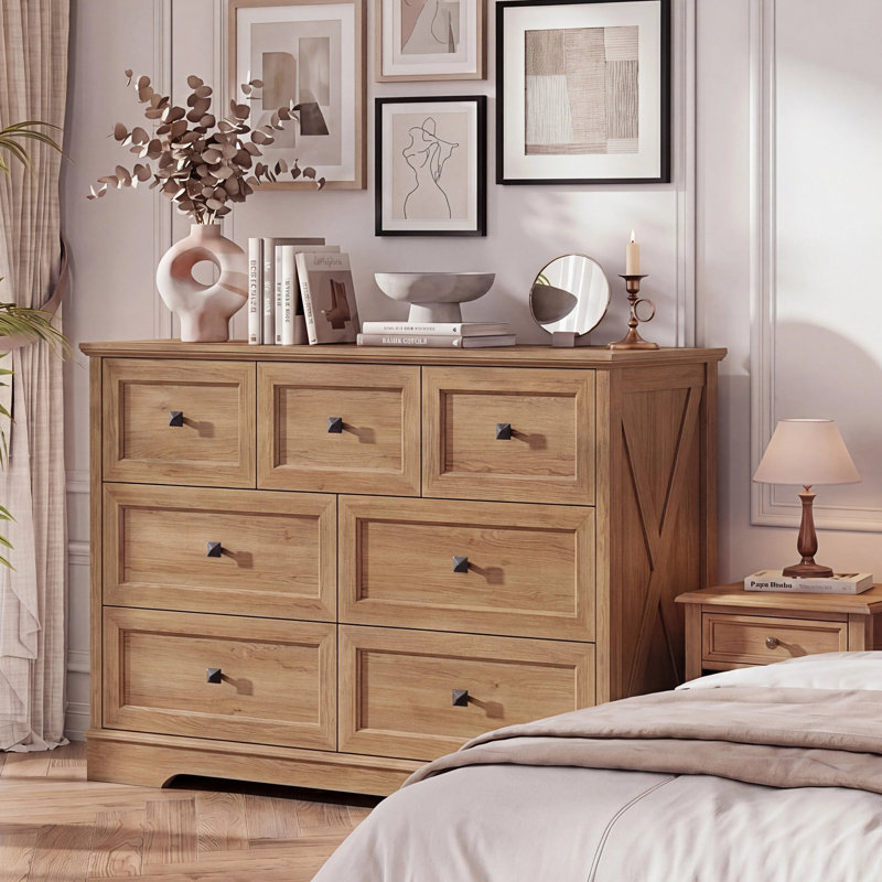 7 Drawer Dresser with Charging Station, Wide Farmhouse Dresser for Bedroom, Wooden Storage Cabinet, TV Stand Chest