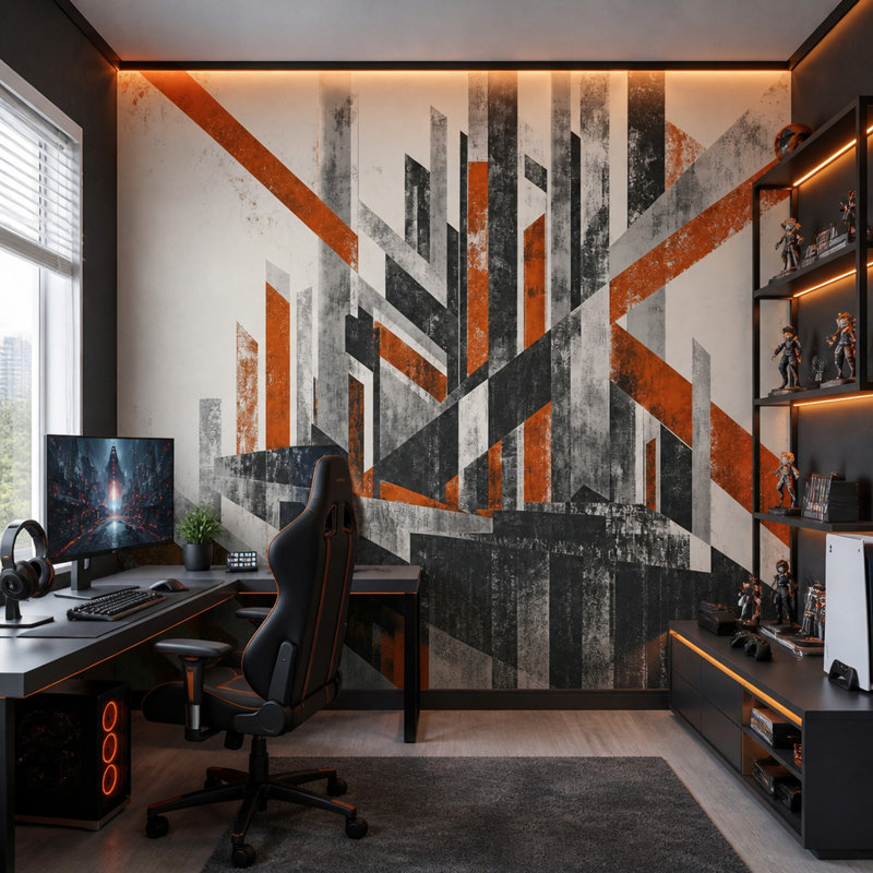 Papier peint industriel géométrique Urban Skyline, 140"x108", Peler et coller