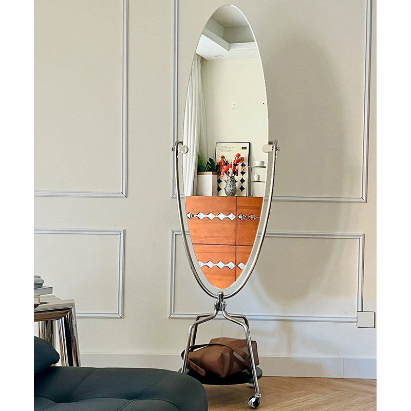 Miroirs pleine longueur ovales en acier inoxydable et en bois manufacturé