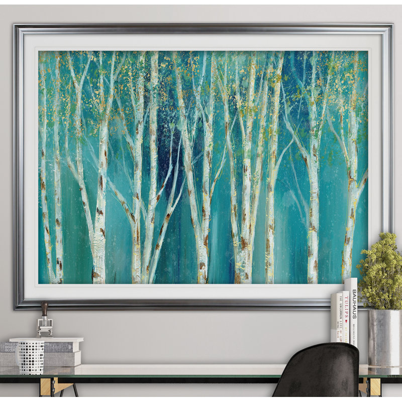 Bouleau sur fond bleu - reproduction de cadre photo, H 24 po x l 32 po x P 1,5 po, Argent