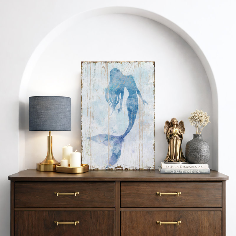 Sirène «sirène bleue sur panneau de bois effet d'art, photos de salle de bain de plage côtière nautique, grande impression sur toile encadrée,»
