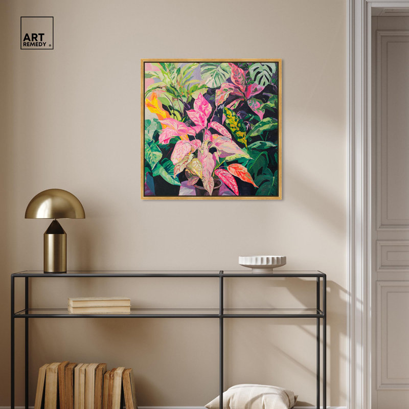 Art Remedy, art tropical brillant sur toile, Cadre flottant doré, H 25 po x l 25 po