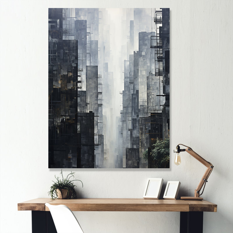 Horizon I, gratte-ciel gris - art mural gratte-ciel, Toile tendue, H 20 po x l 12 po x P 1 po