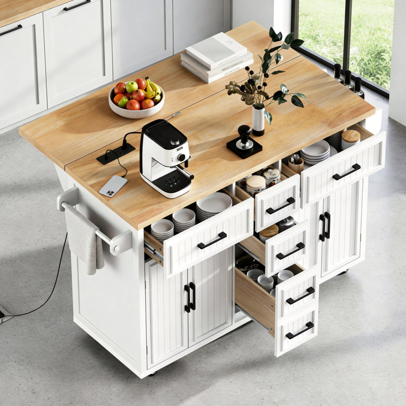 56.6-Inch White Kitchen Island With Folding Tabletop And Power Outlets, Embossed Vertical Stripes, Wheeled Trolley, 4 Doors, 5 Drawers, And Adjustable Shelves.
