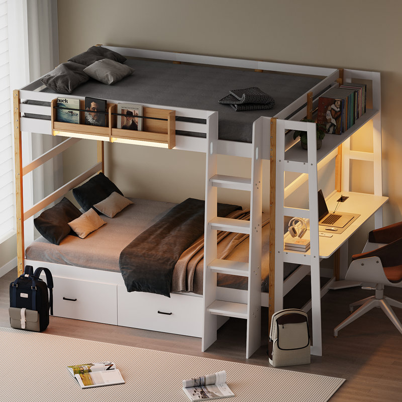 Lit superposé en bois massif avec bureau convertible, prises intégrées, lumières DEL et tiroirs de rangement, Double