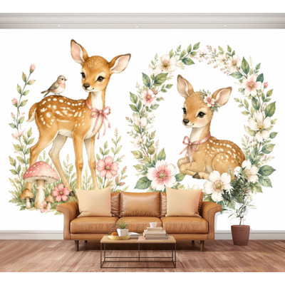 Murale Peler et coller faon rose floral cerf champignon aquarelle couronne de rose animaux forêt Grand papier peint autocollant amovible Papier contact mural pour le salon Chambre à coucher H 100 po x l 144 po