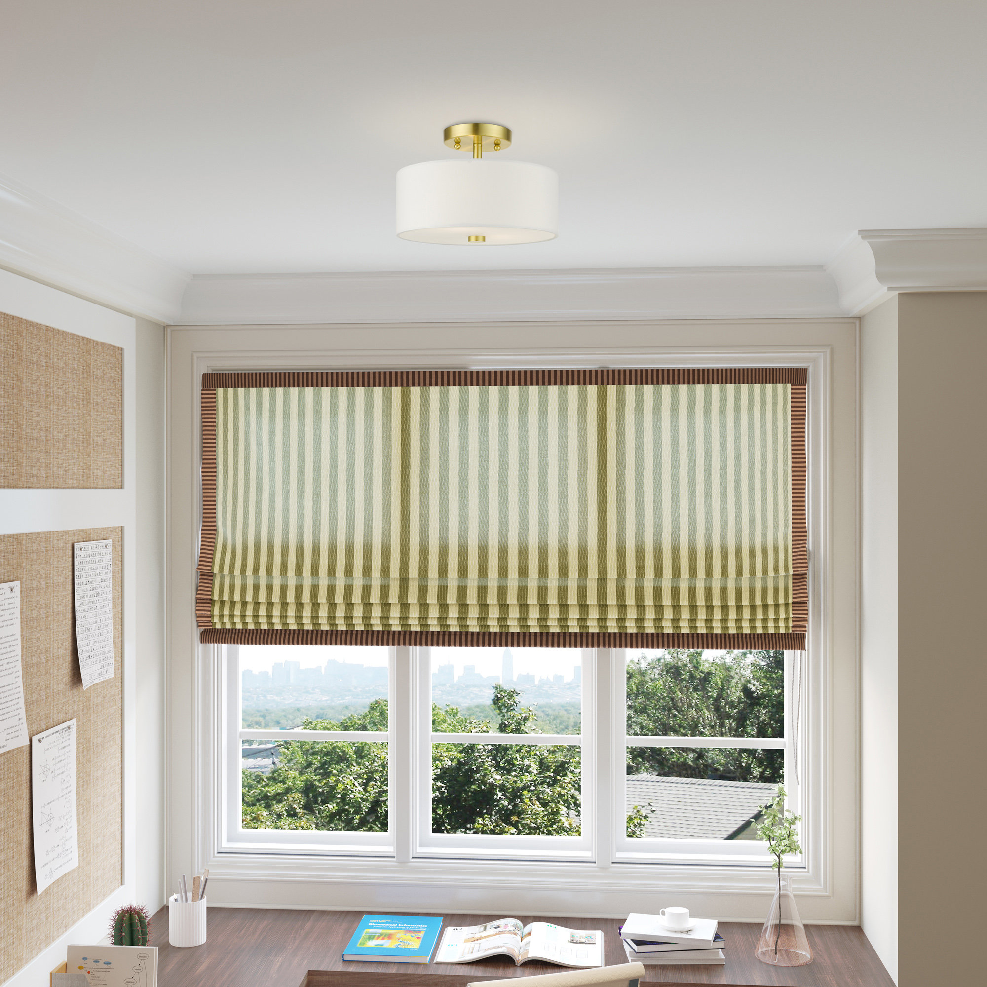 Flaire 2 Light Fabric Semi Flush Mount, 7.75" H x 13" W x 13" D, Satin Brass