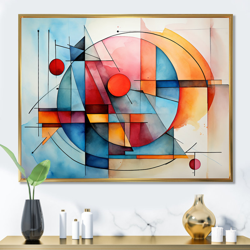 Cubes de couleurs douces III - art mural géométrique, Cadre flottant doré, H 24 po x l 32 po x P 1 po