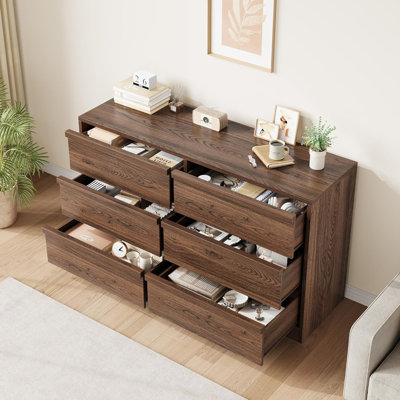 Commode à 6 tiroirs - Commode en bois de 47 po de largeur pour la chambre à coucher, grand rangement pour le salon, le vestibule, la chambre de bébé, le placard