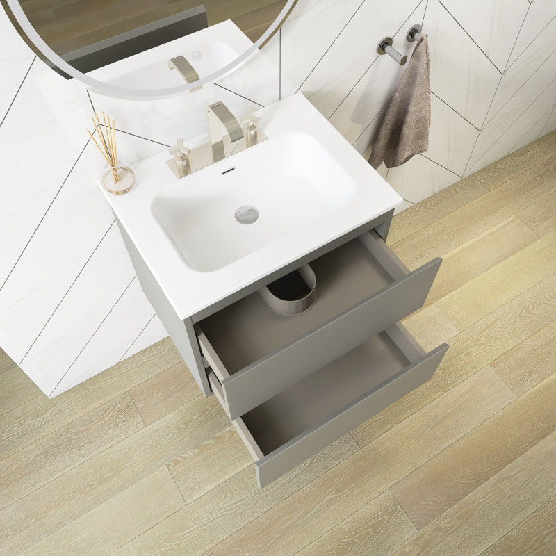 Meuble-lavabo mural 24 po avec comptoir en céramique blanche, Blanc + gris