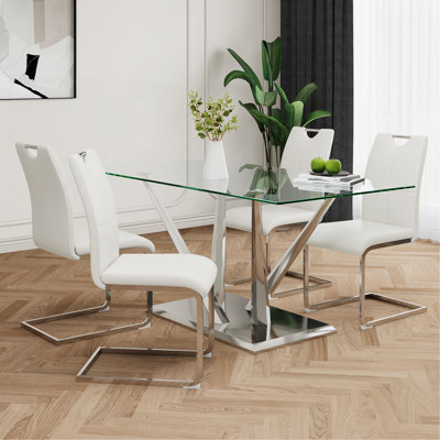 Modern Style Glass Dining Table, Elegant Transparent Design, Sturdy Stainless Steel Base, Dining Chairs Set, Electroplated Chair Legs, Suitable For Dining Room And Kitchen