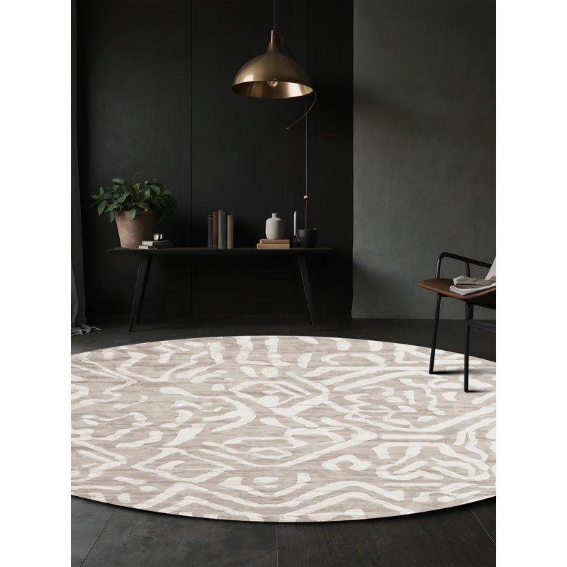 Tapis beige soyeux et moelleux, Rond 8 pi