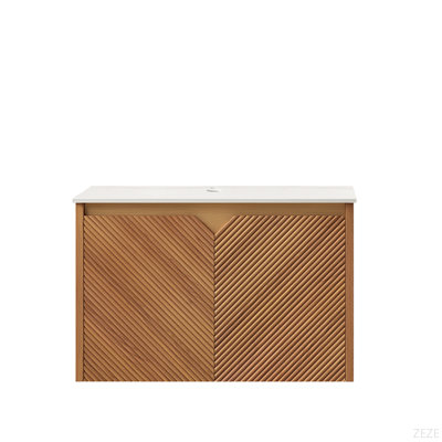 24" Wall-Mounted Brown Oak Plywood Cabinet And Carrara White Sintered Stone Countertop, NO Basin, NO Faucet And Sink Cover