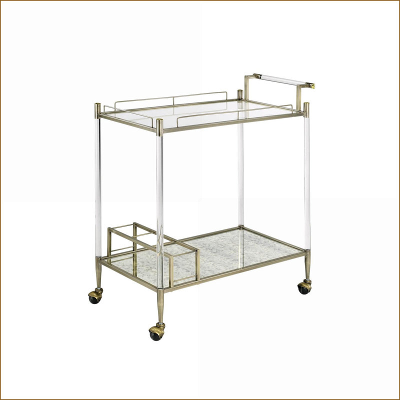 Chariot de service avec support à vin | Miroir antique Fil de laiton | L 31 po x l 14 po x H 24 po | Verre et métal