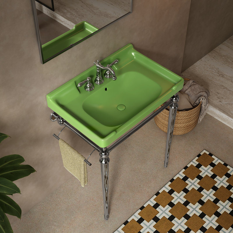 Meuble-lavabo console en céramique de 71 cm (28 po) avec support en métal et barre porte-serviettes, Argent, 28", Vert