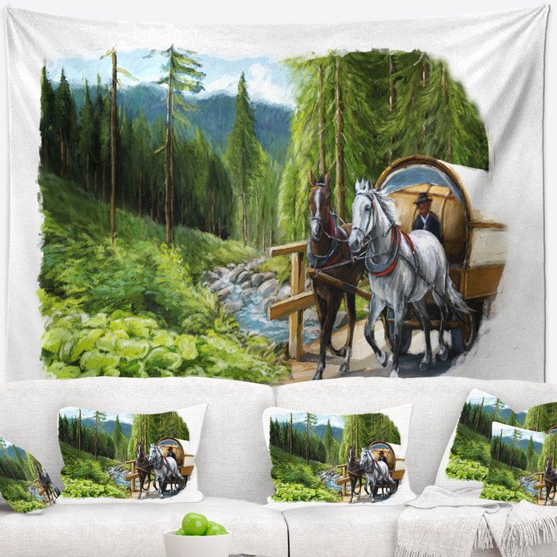 Paysage vert avec tapisserie à cheval Abstract, H 32 po x l 39 po