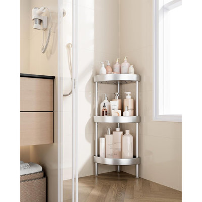 Corner Shower Caddy Stand – Silver – 4-Tier Rustproof Anodized Aluminum Standing Shower Organizer With Dual Stability & Height-Adjustable Legs