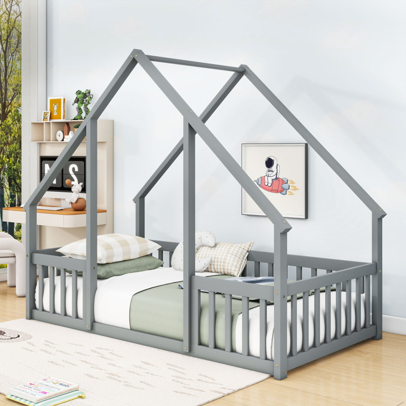 Wooden House Shape Floor Bed With Guardrails, Gray, Twin