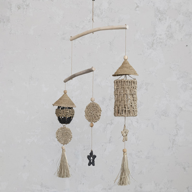 Wood and Hand-Woven Seagrass Mobile Wall Hanging
