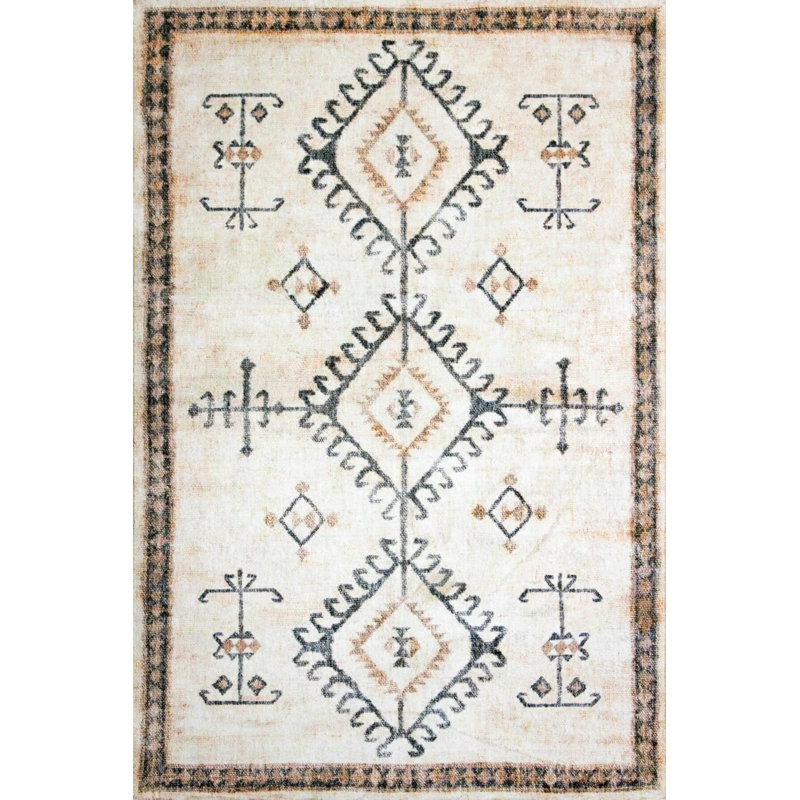 Beige Ethnic Polyester Soft Touch Machine Woven Decorative Area Rug, Rectangle 2'8" x 5'