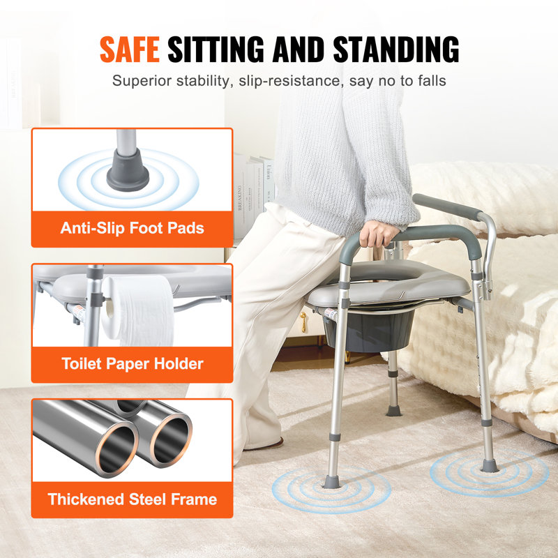 Adjustable Height Steel Bedside Commode Chair with Padded Seat